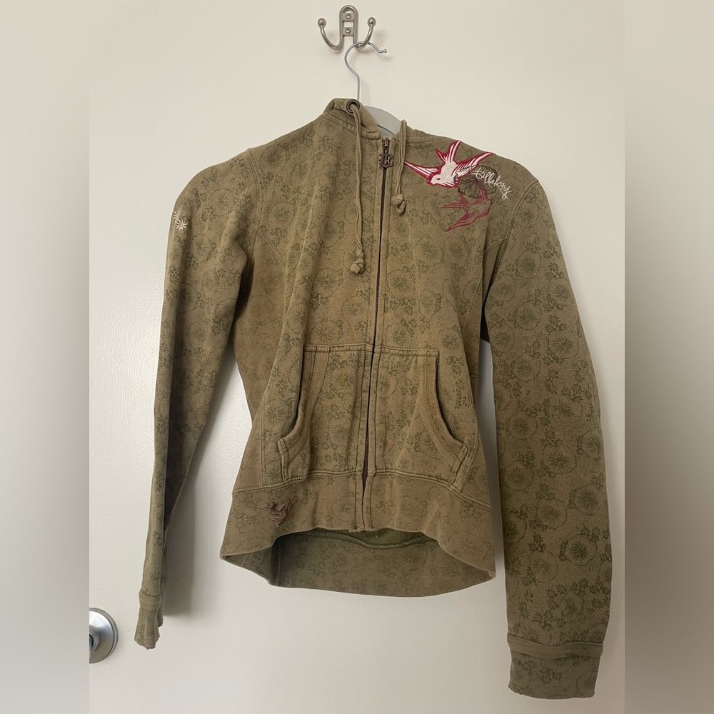 Billabong Olive Green Zip-up Hoodie with Bird Design